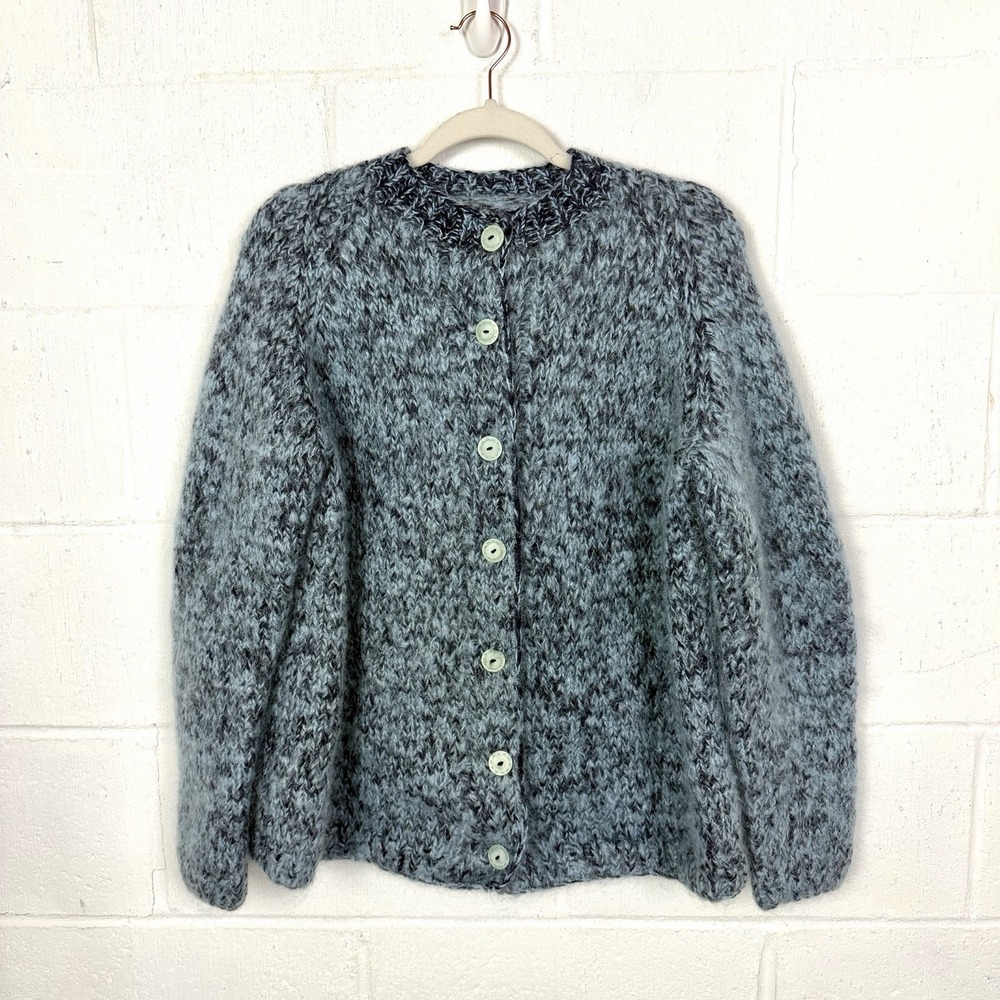 Handmade Fuzzy Cardigan SZ L Heather Blue Chunky Buttons Wool Cozy Heavy Winter